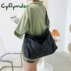 Cyflymder Big Black Shoulder Bags For Women Large Hobo Shopper Bag Solid Color Quality Soft Leather