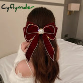 Cyflymder Big Velvet Bowknot Inlaid Rhinestones Imitation Pearl Hair Clips for Women Girls Vintage Soft Hairgrip Autumn