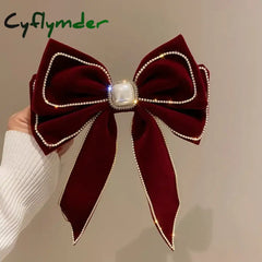 Cyflymder Big Velvet Bowknot Inlaid Rhinestones Imitation Pearl Hair Clips for Women Girls Vintage Soft Hairgrip Autumn