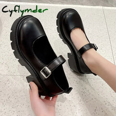Cyflymder Black Ankle Buckle Platform Pumps Women Japanese Style Patent Leather Mary Jane Shoes Woman Punk Thick Heels