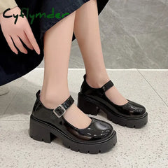 Cyflymder Black Ankle Buckle Platform Pumps Women Japanese Style Patent Leather Mary Jane Shoes Woman Punk Thick Heels