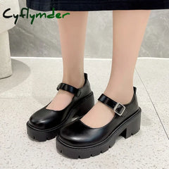 Cyflymder Black Ankle Buckle Platform Pumps Women Japanese Style Patent Leather Mary Jane Shoes Woman Punk Thick Heels