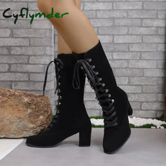 Cyflymder Black Boots Women Shoes Knee High Women Casual Vintage Retro Mid-Calf Boots Lace Up Thick Heels Shoes
