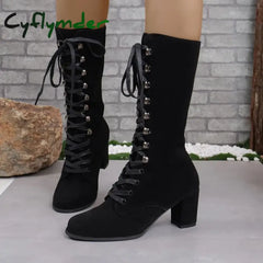 Cyflymder Black Boots Women Shoes Knee High Women Casual Vintage Retro Mid-Calf Boots Lace Up Thick Heels Shoes black