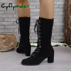 Cyflymder Black Boots Women Shoes Knee High Women Casual Vintage Retro Mid-Calf Boots Lace Up Thick Heels Shoes