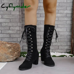 Cyflymder Black Boots Women Shoes Knee High Women Casual Vintage Retro Mid-Calf Boots Lace Up Thick Heels Shoes