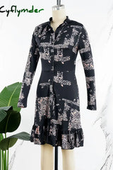 Cyflymder - Black Casual Print Patchwork V Neck Long Sleeve Dresses