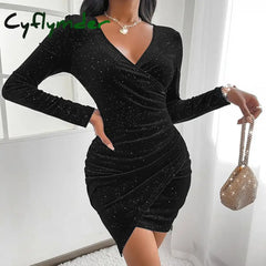 Cyflymder - Black Casual Solid Fold V Neck Long Sleeve Dresses / S