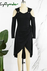 Cyflymder - Black Casual Solid Frenulum V Neck Long Sleeve Dresses