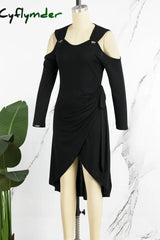 Cyflymder - Black Casual Solid Frenulum V Neck Long Sleeve Dresses