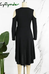 Cyflymder - Black Casual Solid Frenulum V Neck Long Sleeve Dresses