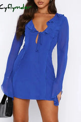 Cyflymder - Black Casual Solid Frenulum V Neck Long Sleeve Dresses