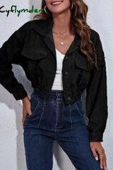 Cyflymder - Black Casual Solid Patchwork Buckle Turndown Collar Outerwear Jackets