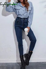 Cyflymder - Black Casual Solid Patchwork Buckle Turndown Collar Outerwear Jackets
