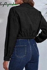 Cyflymder - Black Casual Solid Patchwork Buckle Turndown Collar Outerwear Jackets