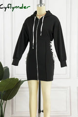 Cyflymder - Black Casual Solid Patchwork Hooded Collar Long Sleeve Dresses
