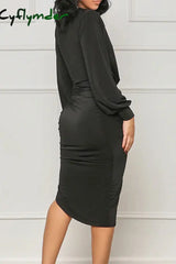 Cyflymder - Black Casual Solid Patchwork V Neck Long Sleeve Dresses