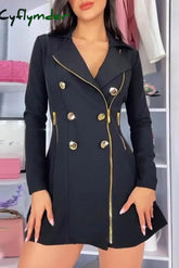 Cyflymder - Black Casual Solid Patchwork Zipper Turndown Collar Long Sleeve Dresses