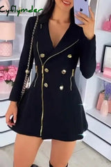 Cyflymder - Black Casual Solid Patchwork Zipper Turndown Collar Long Sleeve Dresses