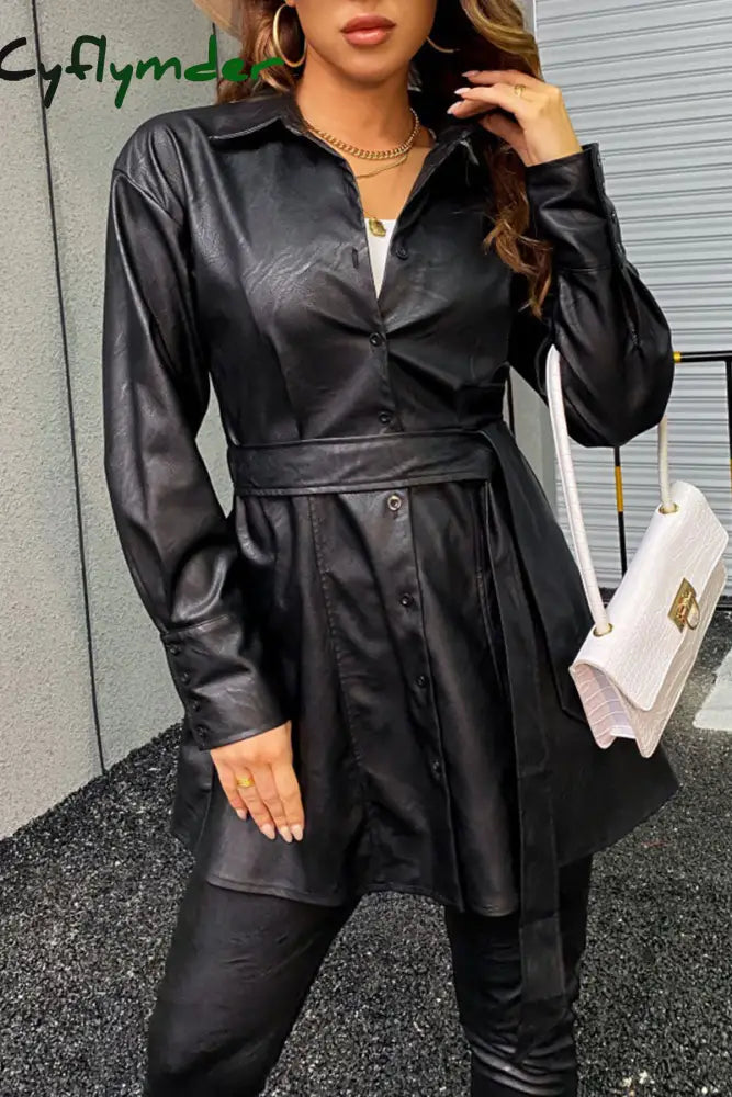 Cyflymder - Black Casual Street Solid Patchwork Buckle Turndown Collar Outerwear Jackets