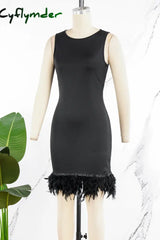 Cyflymder - Black Daily Party Elegant Simplicity Patchwork Feathers Solid Color O Neck Sleeveless