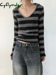 Cyflymder Black Dark Gray Stripe Hooded T-Shirt Women V Neck Slim Long Sleeve Basic Spring Autumn Ribbed Top Preppy