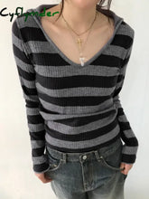 Cyflymder Black Dark Gray Stripe Hooded T-Shirt Women V Neck Slim Long Sleeve Basic Spring Autumn Ribbed Top Preppy