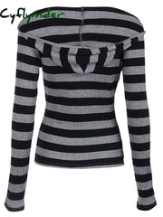 Cyflymder Black Dark Gray Stripe Hooded T-Shirt Women V Neck Slim Long Sleeve Basic Spring Autumn Ribbed Top Preppy