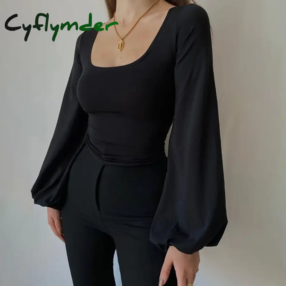 Cyflymder Black Elegant Blouse for Women Casual Top All-match Lantern Long Sleeve Shirt New Square Collar Slim Solid