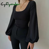 Cyflymder Black Elegant Blouse for Women Casual Top All-match Lantern Long Sleeve Shirt New Square Collar Slim Solid