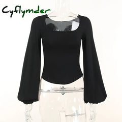 Cyflymder Black Elegant Blouse for Women Casual Top All-match Lantern Long Sleeve Shirt New Square Collar Slim Solid