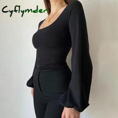 Cyflymder Black Elegant Blouse for Women Casual Top All-match Lantern Long Sleeve Shirt New Square Collar Slim Solid
