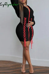 Cyflymder - Black Fashion Casual Solid Bandage Patchwork Hooded Collar Long Sleeve Dresses