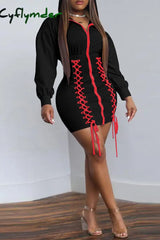 Cyflymder - Black Fashion Casual Solid Bandage Patchwork Hooded Collar Long Sleeve Dresses