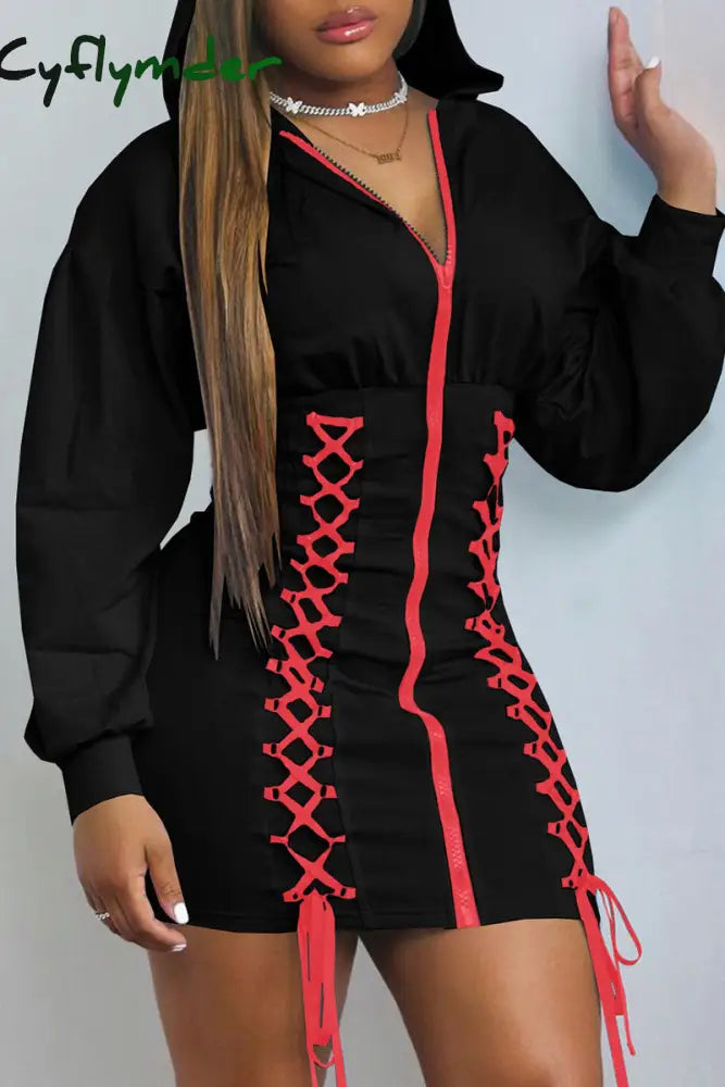 Cyflymder - Black Fashion Casual Solid Bandage Patchwork Hooded Collar Long Sleeve Dresses