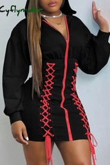 Cyflymder - Black Fashion Casual Solid Bandage Patchwork Hooded Collar Long Sleeve Dresses
