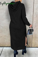 Cyflymder - Black Fashion Casual Solid Slit Hooded Collar Long Sleeve Dresses