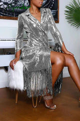 Cyflymder - Black Fashion Elegant Solid Tassel Sequins Patchwork Turn-Back Collar Outerwear