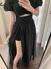 Cyflymder Black French Vintage Elegant Dress Women Hollow Out Design Y2K Midi Female Puff Sleeve