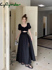 Cyflymder Black French Vintage Elegant Dress Women Hollow Out Design Y2K Midi Female Puff Sleeve