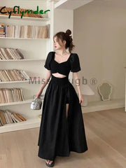 Cyflymder Black French Vintage Elegant Dress Women Hollow Out Design Y2K Midi Female Puff Sleeve