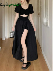 Black French Vintage Elegant Dress Women Hollow Out Design Y2k Midi Dress Female Puff Sleeve Korea Chic Clothes 2024 Summer New