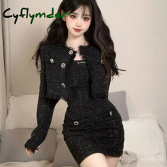 Cyflymder Black Korean Style Retro Elegant Two Piece Set Women Fashion Tassels Short Jackets Casual Strap Party Mini