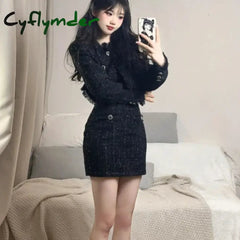 Cyflymder Black Korean Style Retro Elegant Two Piece Set Women Fashion Tassels Short Jackets Casual Strap Party Mini