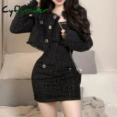Cyflymder Black Korean Style Retro Elegant Two Piece Set Women Fashion Tassels Short Jackets Casual Strap Party Mini