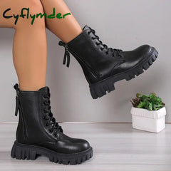 Cyflymder Black New Women Ankle Boots Autumn Winter Platform Lace Up Ladies Punk Boots Thick Sole Zipper Combat Booties