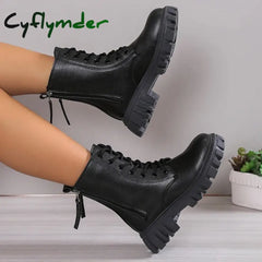 Cyflymder Black New Women Ankle Boots Autumn Winter Platform Lace Up Ladies Punk Boots Thick Sole Zipper Combat Booties