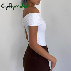 Cyflymder Black Off Shoulder Elegant Short Tops Side Pleated Fashion Slim Sexy Cropped T Shirt