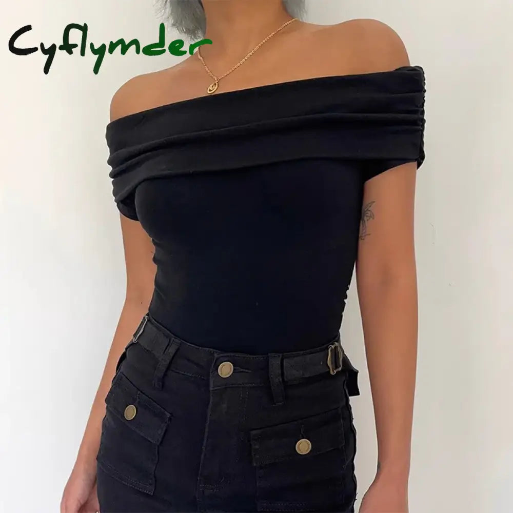 Black Off Shoulder Elegant Short Tops Side Pleated Fashion Slim Sexy Cropped T Shirt Women Summer Y2k Clothing Skinny Top