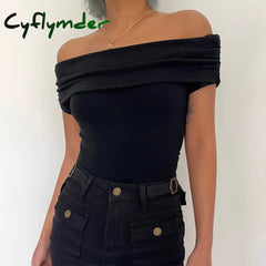 Black Off Shoulder Elegant Short Tops Side Pleated Fashion Slim Sexy Cropped T Shirt Women Summer Y2k Clothing Skinny Top